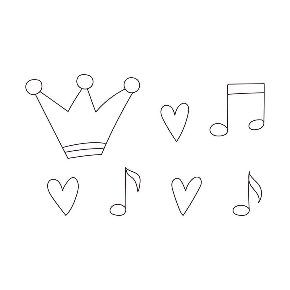 Hand drawn tiny decorative symbols. Crown, hearts, musical symbols, notes. Simple design elements. Outline doodle vector black and white illustration isolated on a white background