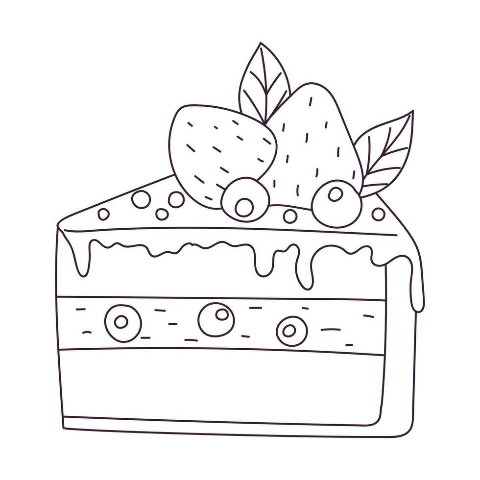 Hand drawn piece of cake with strawberry and blueberry. Sweet food, dessert. Outline doodle vector black and white illustration isolated on a white background