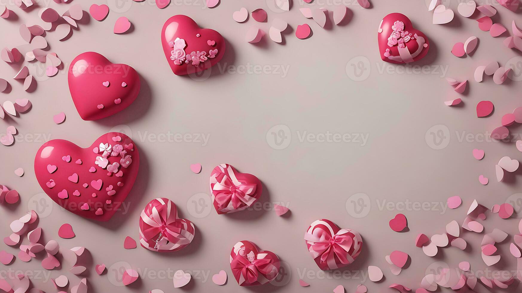 ai generado san valentin día celebracion, rosado regalo caja con oro cinta y corazón romántico bandera amor concepto en rosado antecedentes 3d representación. 3d hacer ilustración plano poner, parte superior ver foto