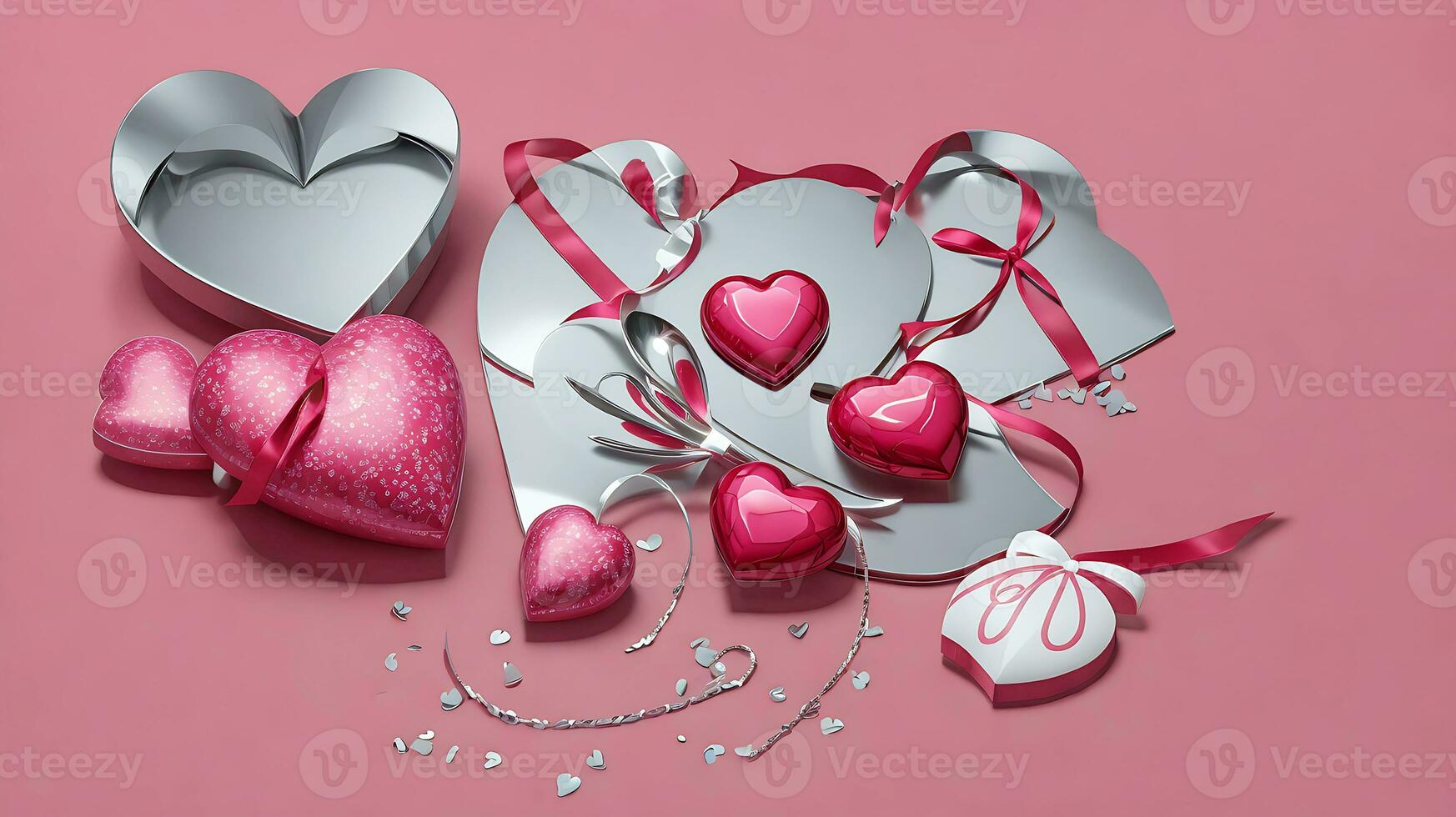 AI generated valentines day celebration, pink gift box with gold ribbon and heart romantic banner love concept on pink background 3d rendering. 3d render illustation. Flat lay, top view photo