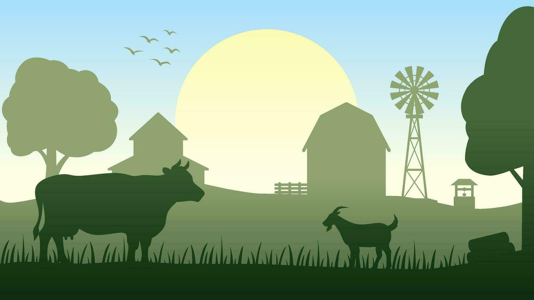 Farmland silhouette landscape vector illustration. Scenery of livestock cow and goat in the countryside farm. Rural landscape for illustration, background or wallpaper