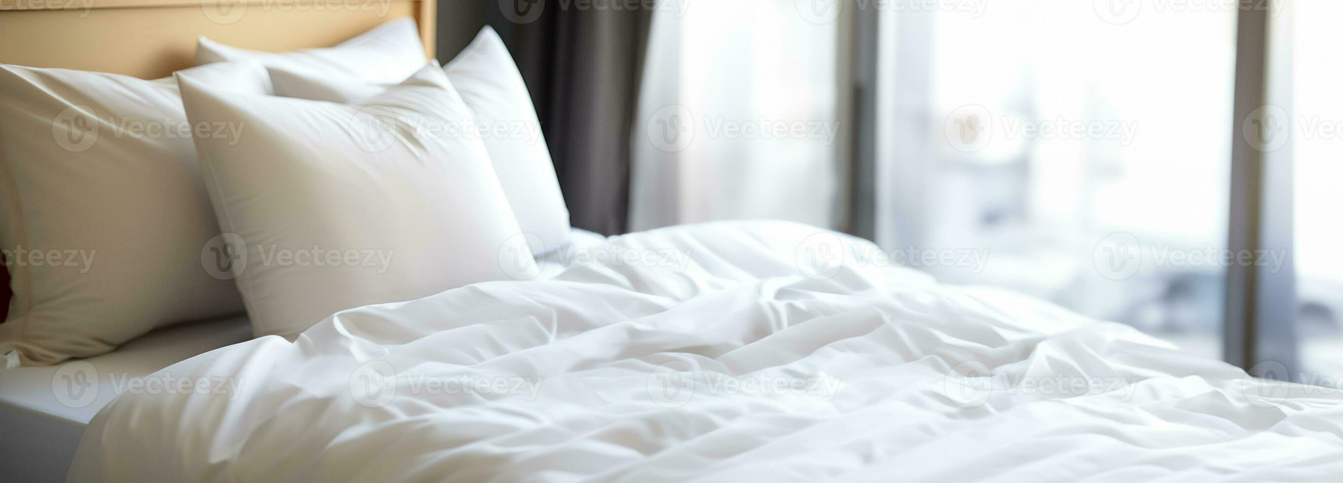 AI generated Comfortable bed with soft white pillows and bedding in bed photo