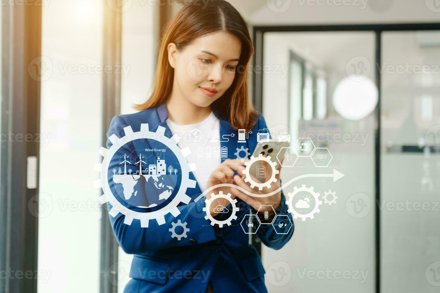 ESG concept of environmental, Green ethical business preserving resources, reducing CO2, Business person team working on laptop virtual smartphone photo