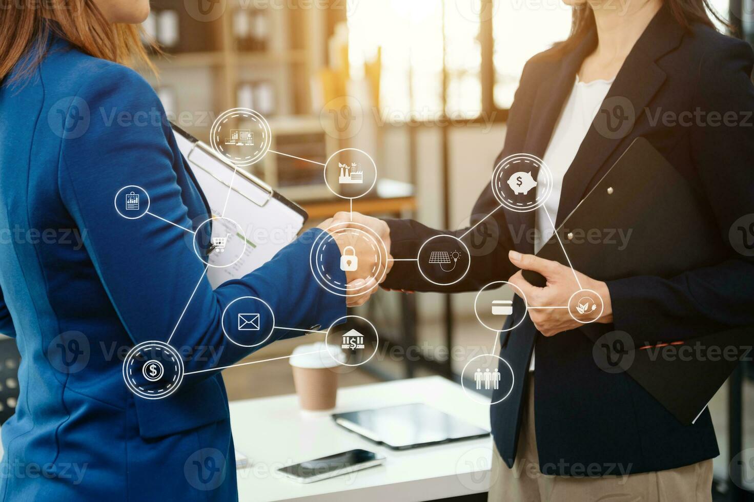 Business team partnership meeting concept. Business hand using laptop, tablet and smartphone  in office. in virtual icon photo