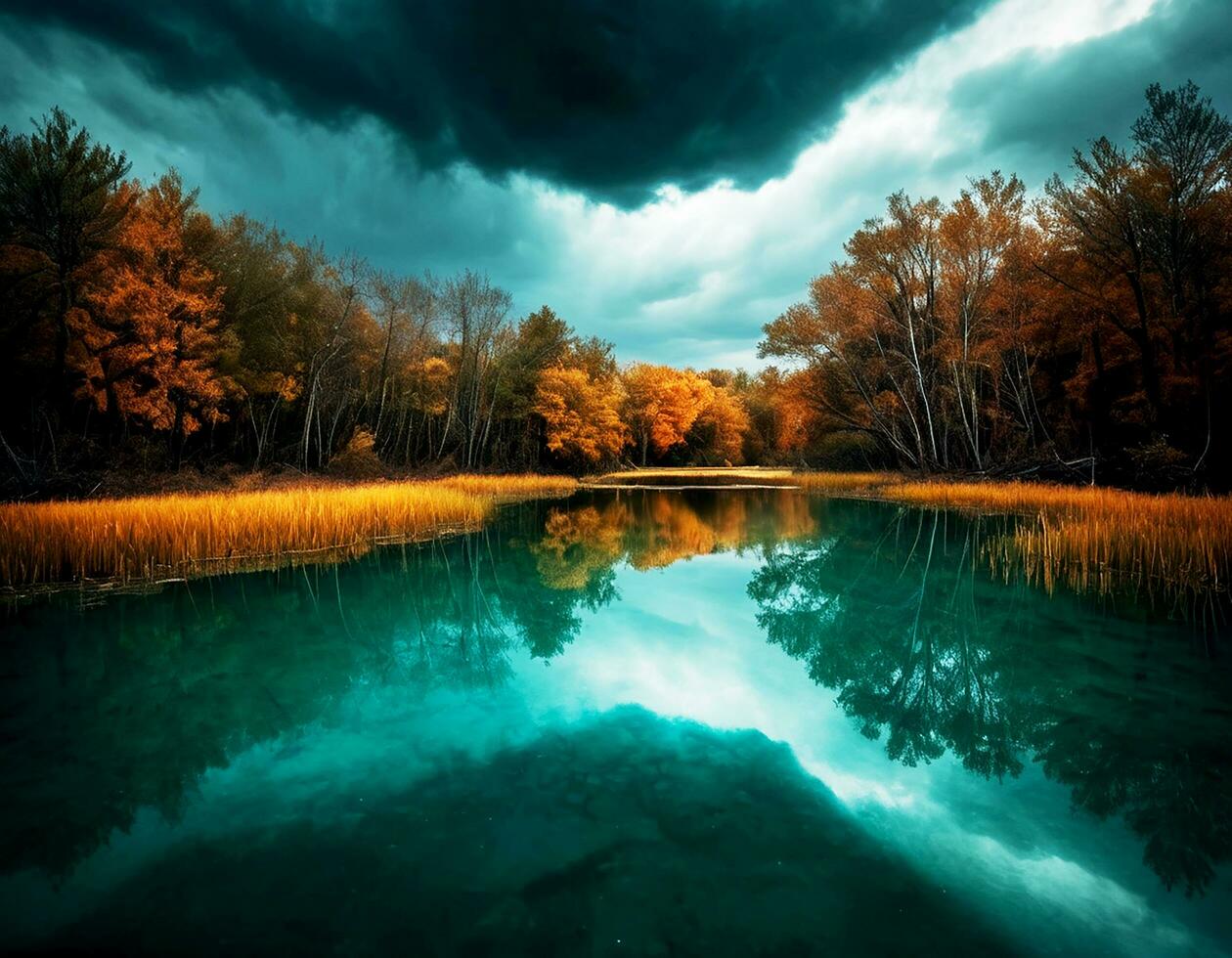 AI generated Minimal, cinematic, tranquil pond, tornado, dark teal and amber, photo