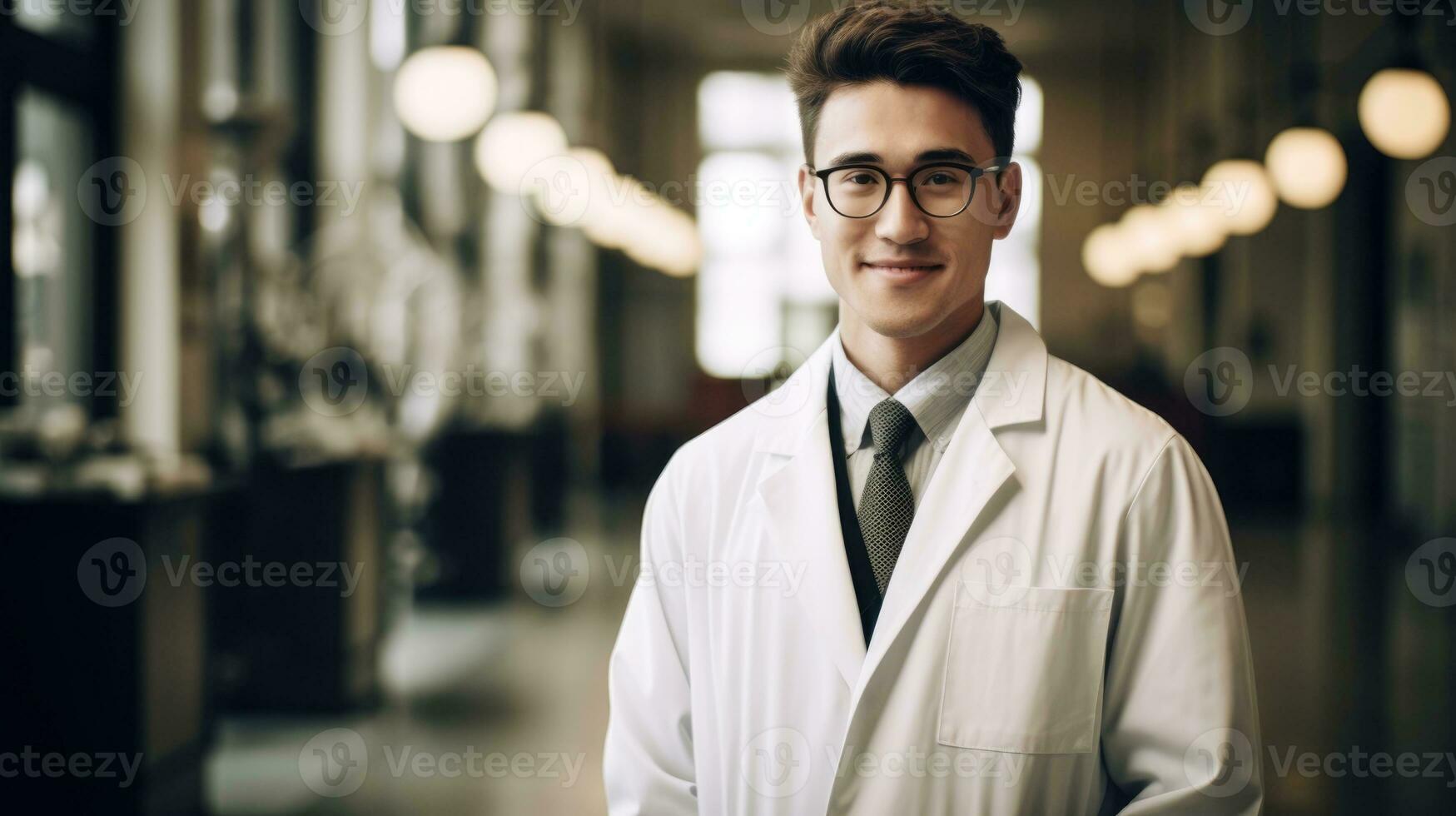 AI generated male doctor wearing labcoat standing and smiling photo