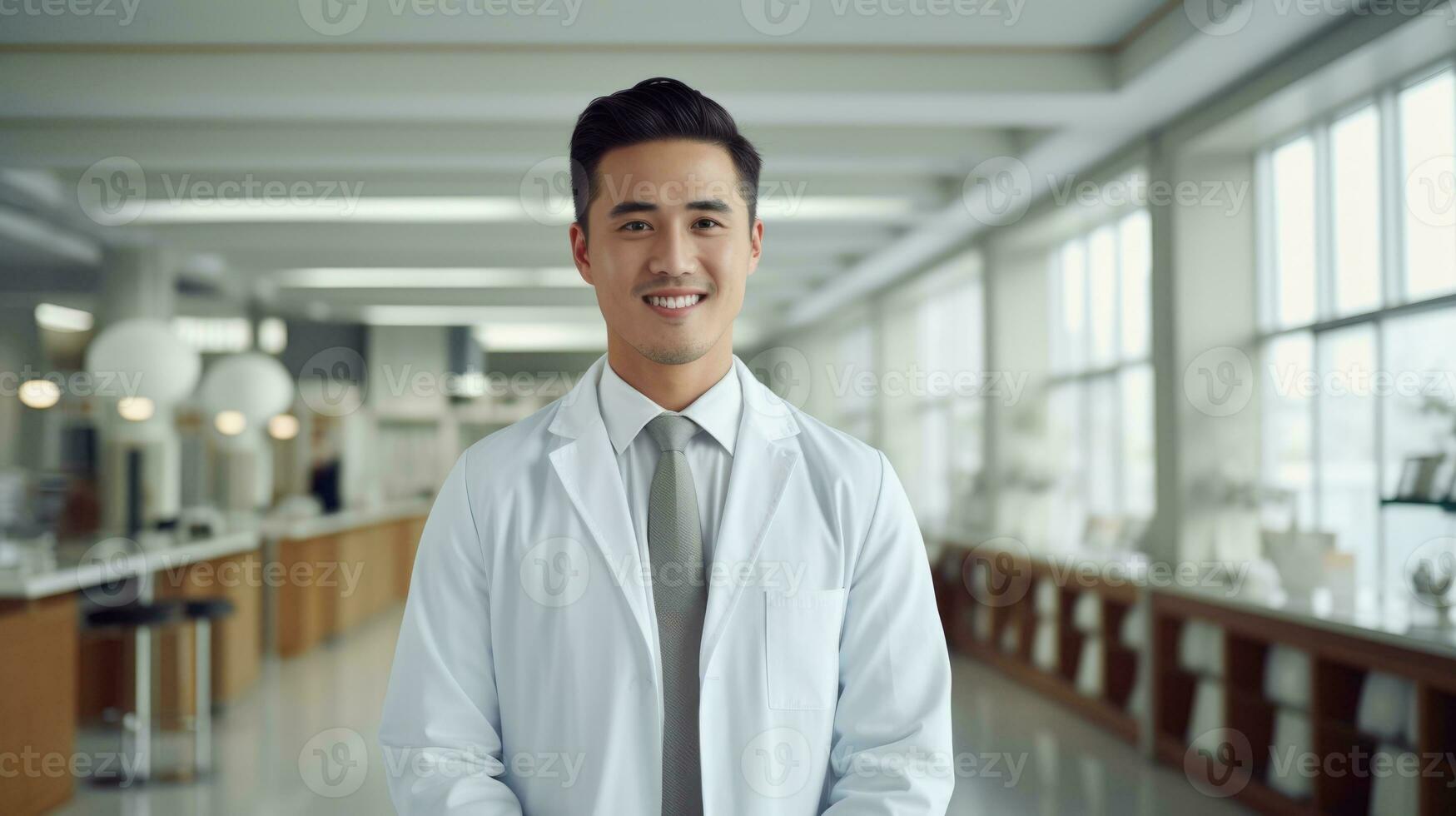 AI generated male doctor wearing labcoat standing and smiling photo