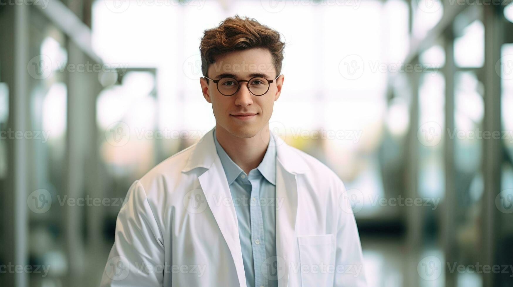 ai generado masculino médico vistiendo bata de laboratorio en pie y sonriente foto