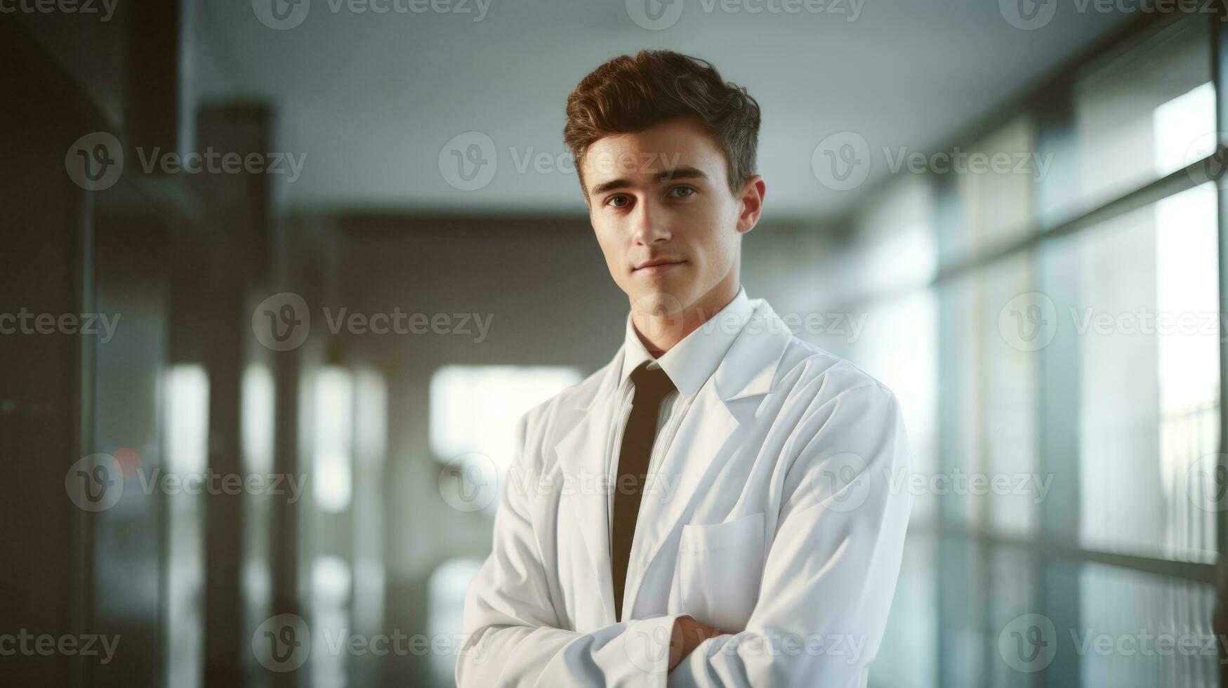 AI generated male doctor wearing labcoat standing and smiling photo