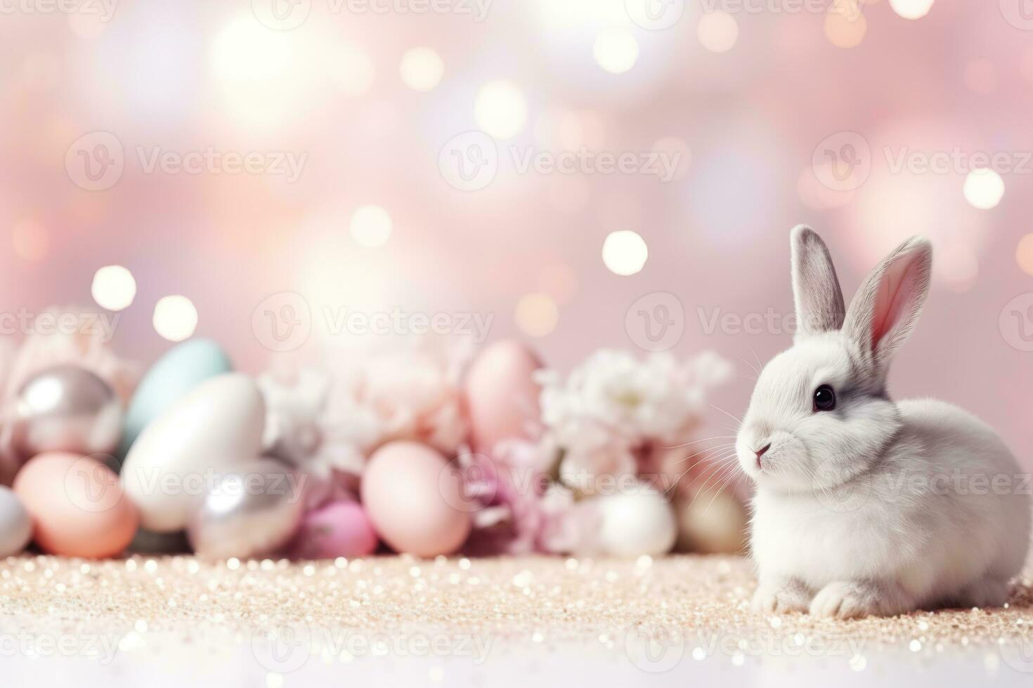 AI generated Pink Easter background with eggs, glitter, cute bunny and copy space for text. Soft, pastel colors. Tranquil and joyful scene. Perfect for holiday-themed designs, greeting cards. photo