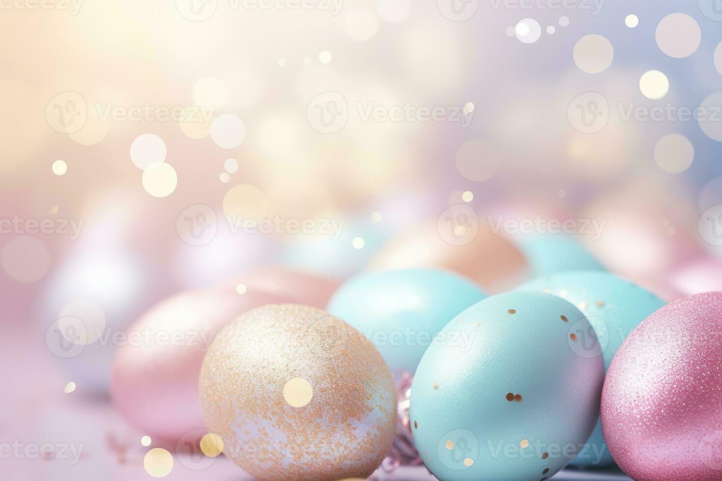 ai generado encantador Pascua de Resurrección antecedentes con huevos, Brillantina, bokeh luces y Copiar espacio para texto. suave pastel colores. tranquilo y alegre escena. Perfecto para vacaciones temáticas diseños, saludo tarjetas foto