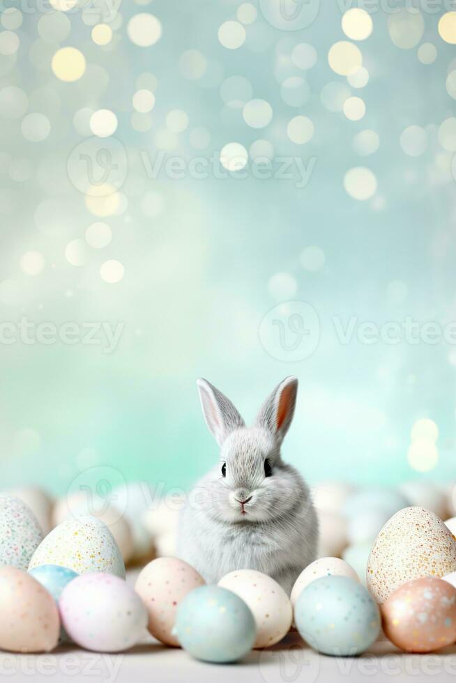 AI generated Beautiful Easter background with eggs, glitter, cute bunny and copy space for text. Soft, pastel colors. Tranquil and joyful scene. Perfect for holiday-themed designs, greeting cards. photo