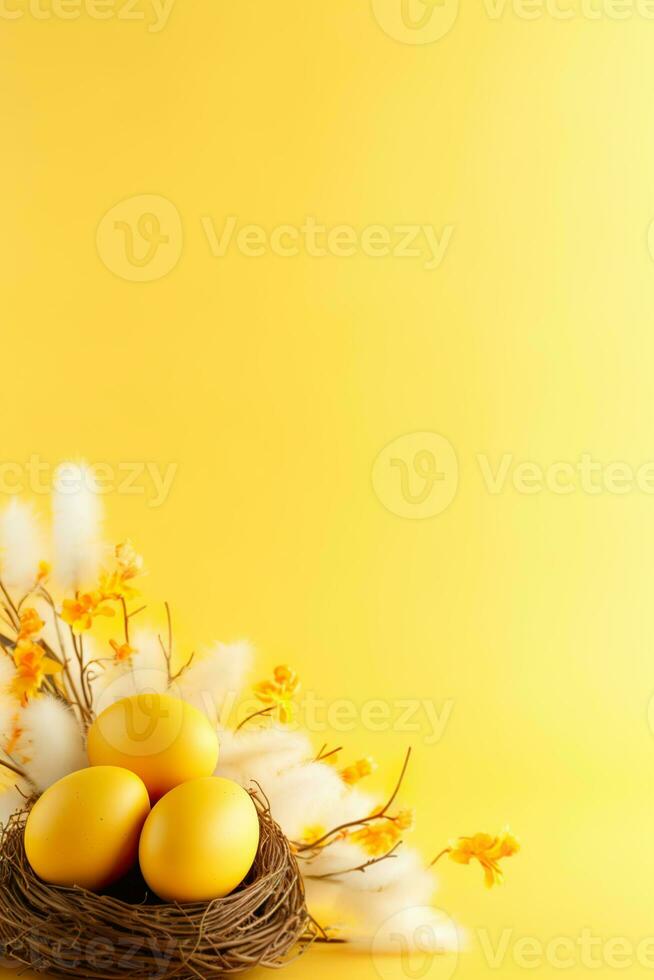 AI generated Yellow vertical Easter background with eggs, flowers and copy space for text. Soft, pastel colors. Tranquil and joyful scene. Perfect for holiday-themed designs, greeting cards. photo