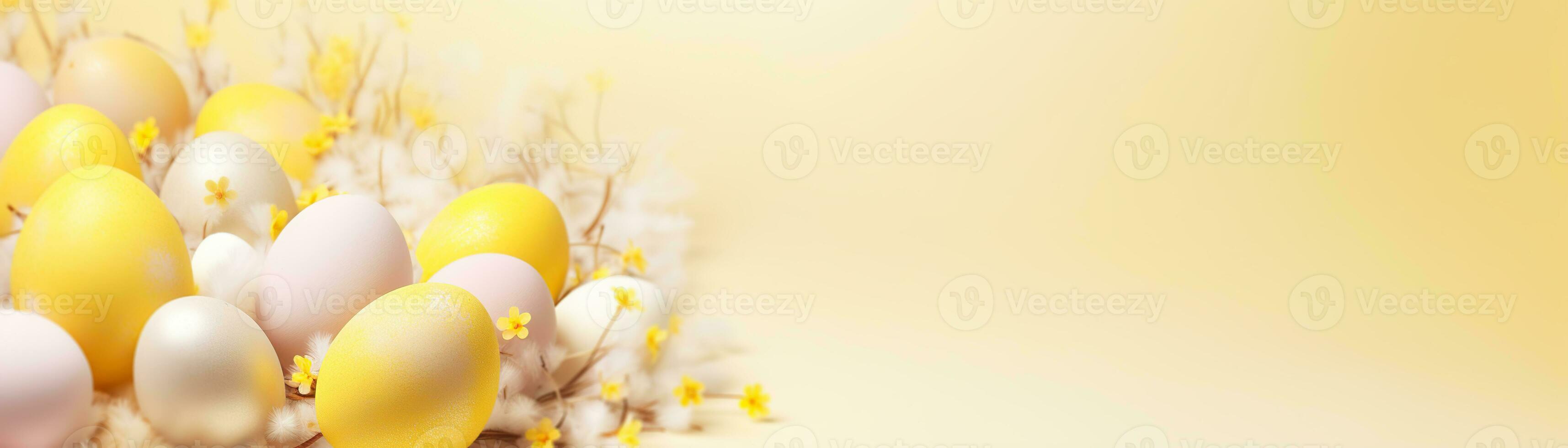 AI generated Yellow Easter background with eggs, flowers and copy space for text. Soft, pastel colors. Tranquil and joyful scene. Perfect for holiday-themed designs. Panoramic banner. Generative AI. photo