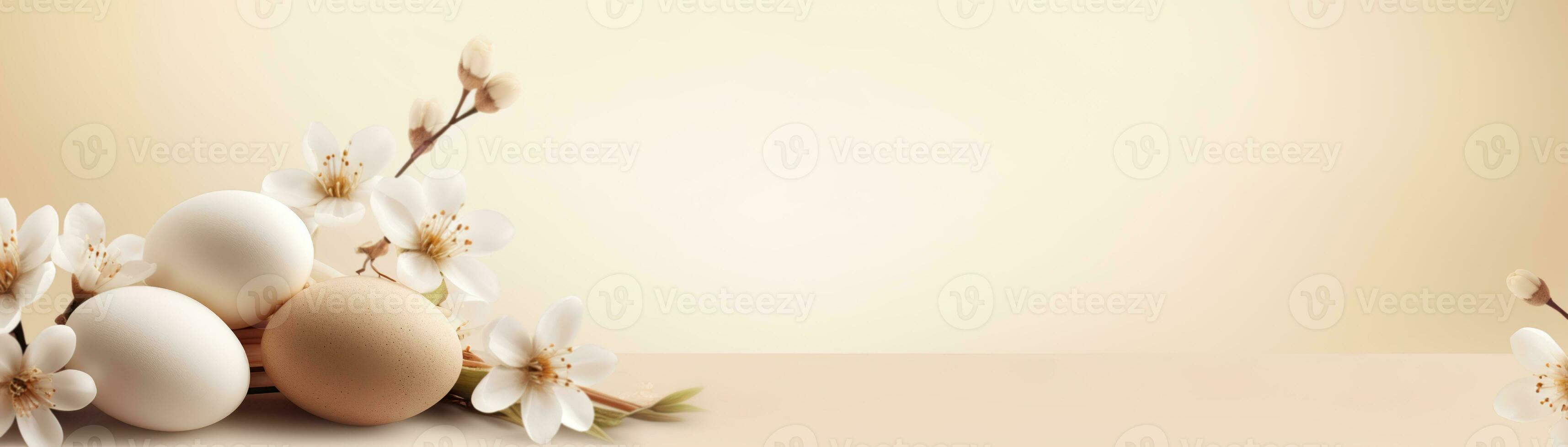 AI generated Natural Easter background with eggs, flowers and copy space. Soft, beige color. Perfect for spring themes, Easter content, and rustic or minimalist design projects. Panoramic banner. photo