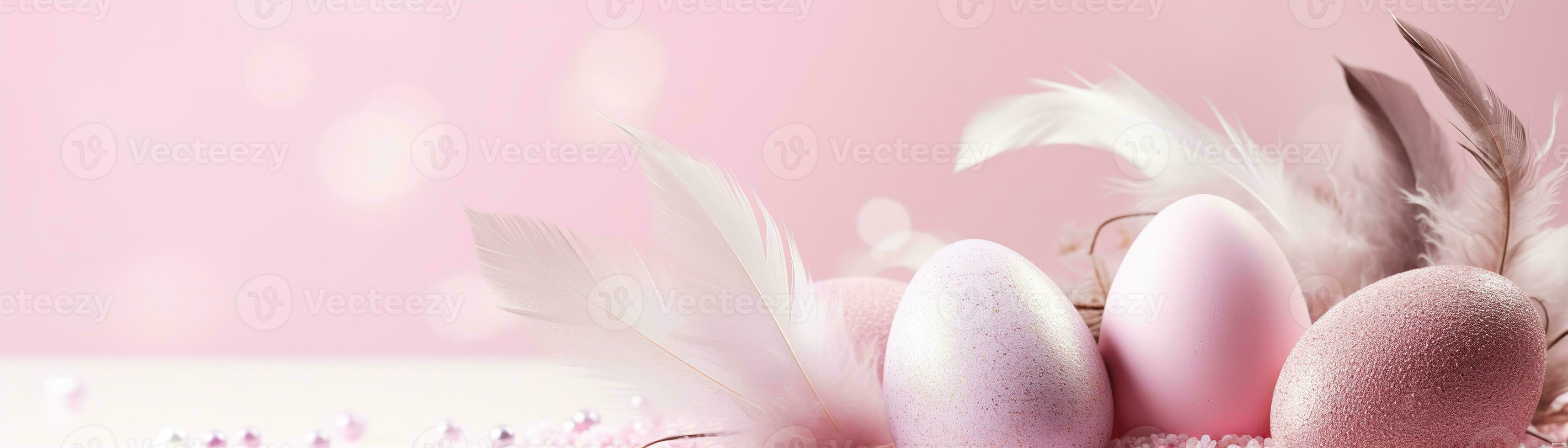 AI generated Enchanting, pink Easter background with eggs, feathers and copy space for text. Soft, pastel colors. Tranquil and joyful scene. Perfect for holiday-themed designs. Panoramic banner. photo