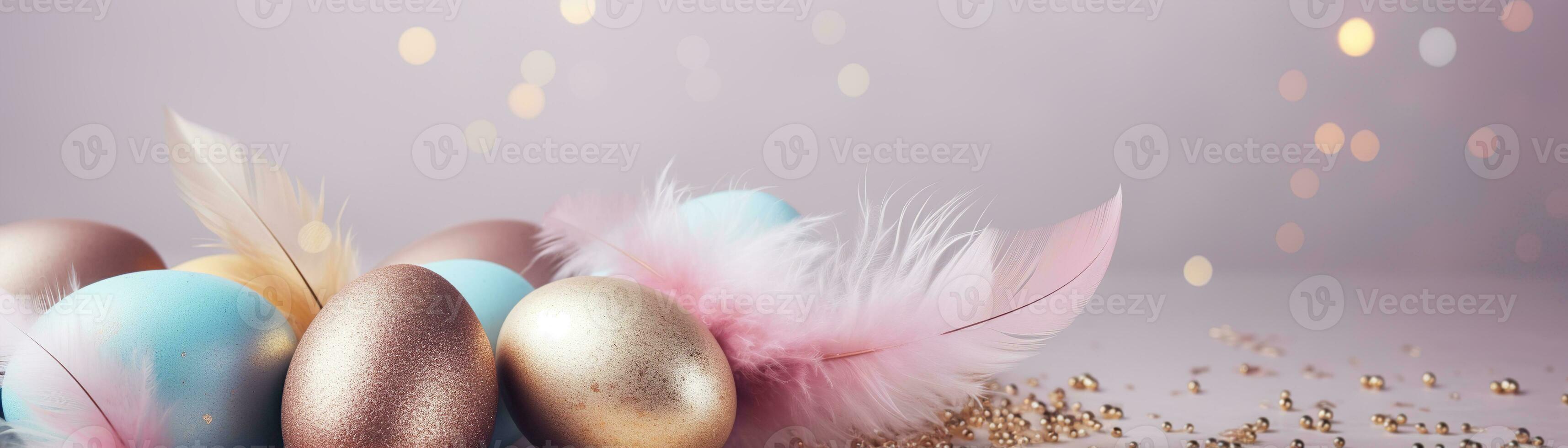 AI generated Enchanting Easter background with eggs, glitter, bokeh lights and copy space for text. Pastel colors. Tranquil and joyful scene. Perfect for holiday-themed designs. Panoramic banner photo