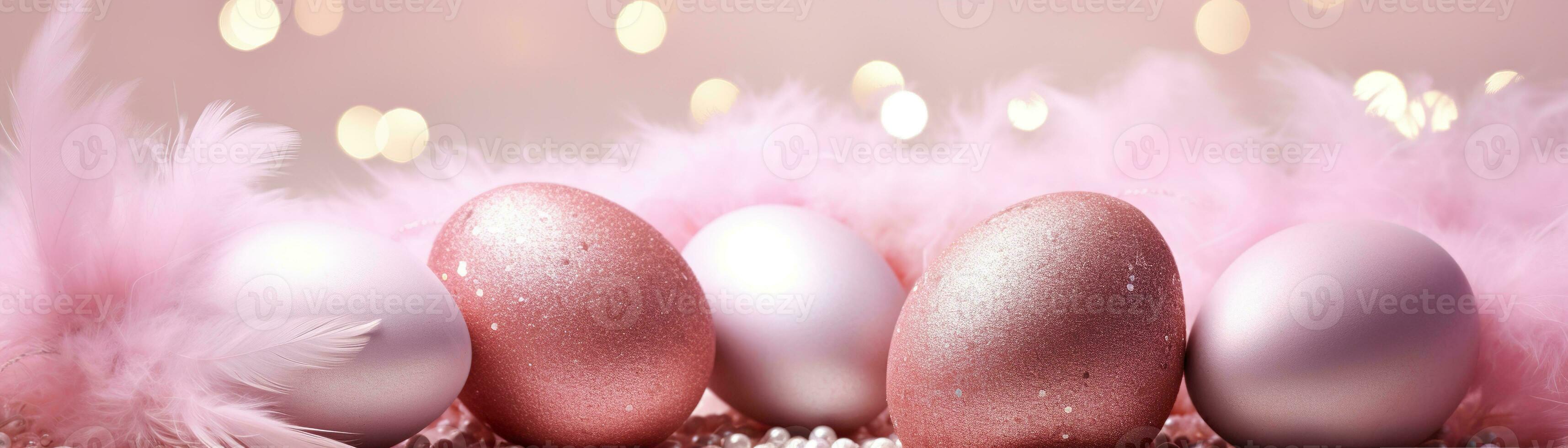 ai generado encantador, rosado Pascua de Resurrección antecedentes con huevos, bokeh luces y Copiar espacio para texto. suave, pastel colores. tranquilo y alegre escena. Perfecto para vacaciones temáticas diseños panorámico bandera. foto