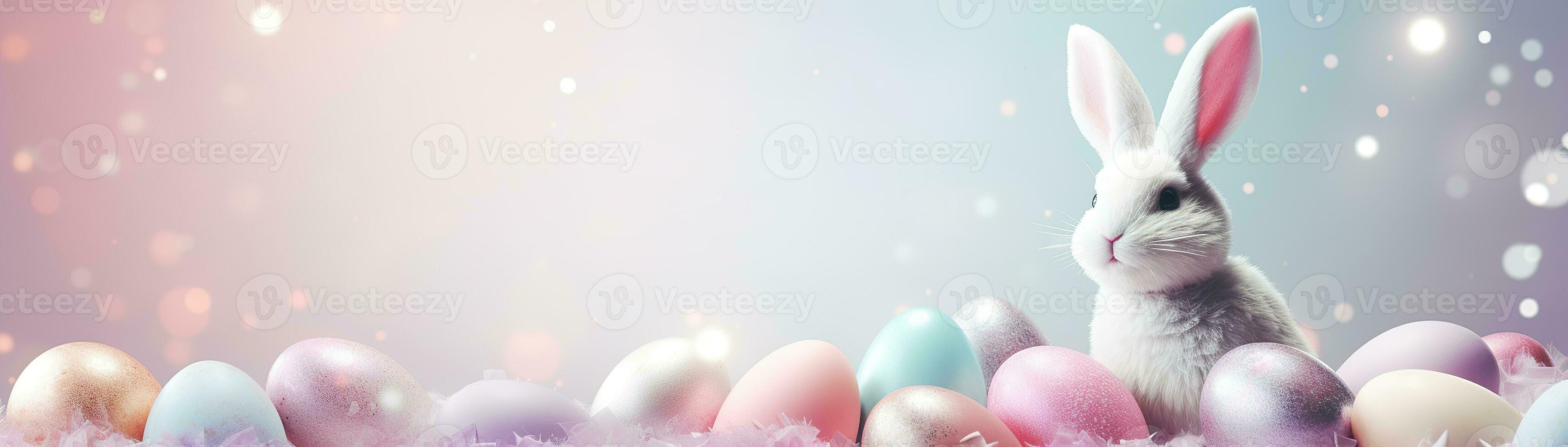 AI generated Beautiful Easter background with eggs, glitter, cute bunny and copy space for text. Soft, pastel colors. Tranquil and joyful scene. Perfect for holiday-themed designs. Panoramic banner. photo