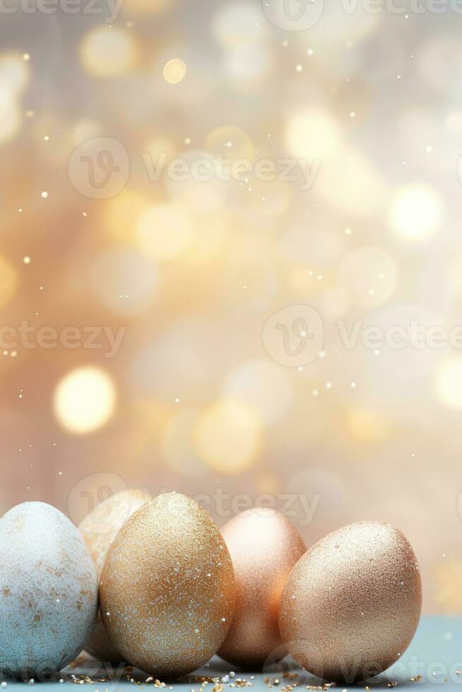 AI generated Enchanting Easter background with eggs, bokeh lights and copy space for text. Soft, pastel colors. Tranquil and joyful scene. Perfect for holiday-themed designs, greeting cards. photo