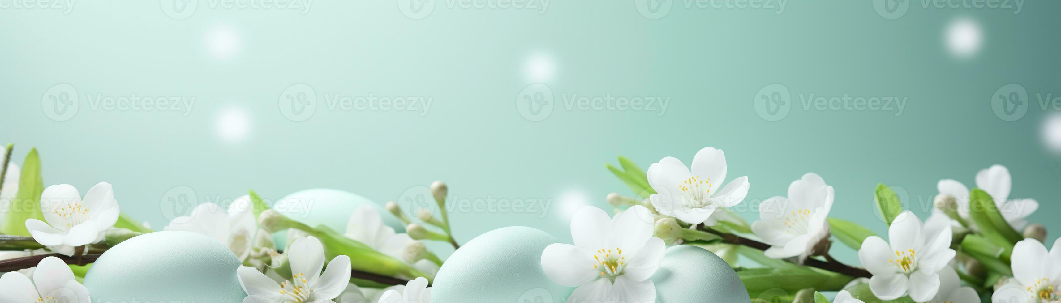 AI generated Light green Easter background with eggs, flowers and copy space for text. Soft, pastel colors. Tranquil and joyful scene. Perfect for holiday-themed designs, greeting cards. photo