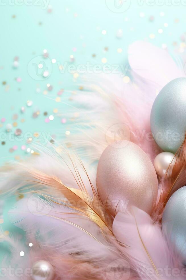 AI generated Enchanting Easter background with eggs, feathers, glitter and copy space for text. Soft, pastel colors. Tranquil and joyful scene. Perfect for holiday-themed designs, greeting cards. photo