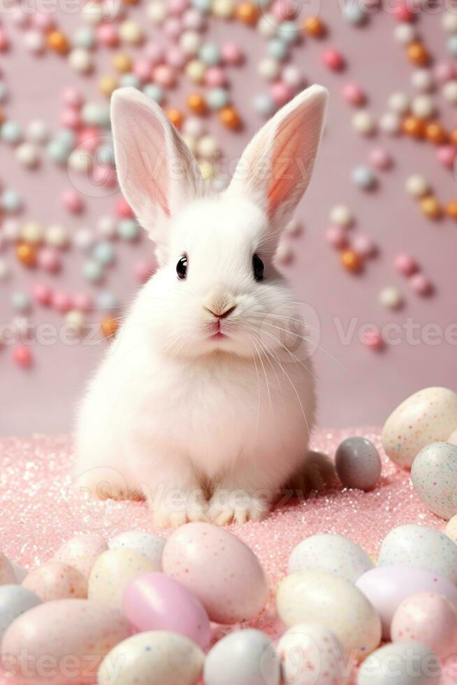 AI generated A sweet white bunny is surrounded by pastel-colored Easter eggs on a glittery pink background, perfect for seasonal advertising, holiday-themed content, and family-friendly promotions. photo