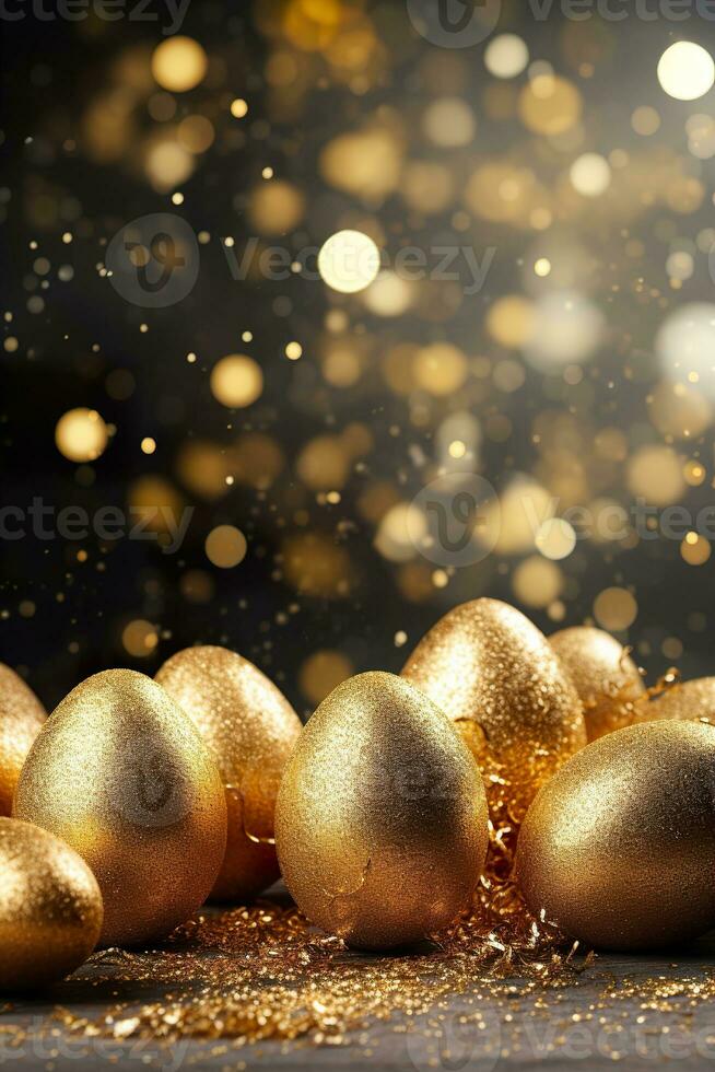 AI generated Beautiful, magical Easter background with golden eggs, glitter particles, bokeh lights and copy space. Perfect for holiday-themed designs, greeting cards. Celebration, festive mood. photo