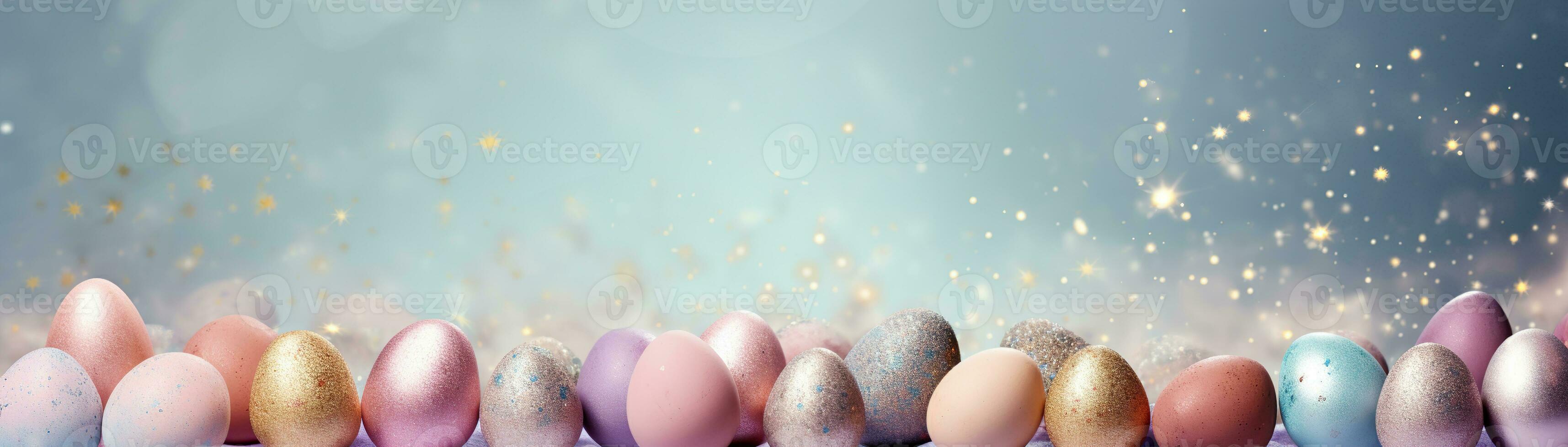 AI generated Enchanting Easter background with eggs, glitter, bokeh lights and copy space for text. Pastel colors. Tranquil and joyful scene. Perfect for holiday-themed designs. Panoramic banner. photo