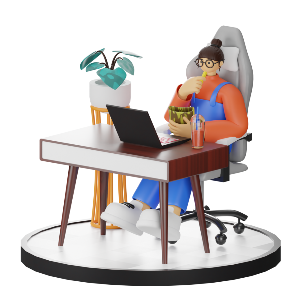 A Teenage Girl's Journey in 3D Illustration at the Computer Desk Free PNG
