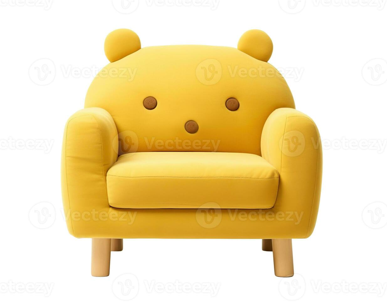 AI generated Cute and cozy children's yellow armchair with bear ear details, ideal for adding a playful touch to any kid's bedroom or play area, isolated on white background. Front view. photo