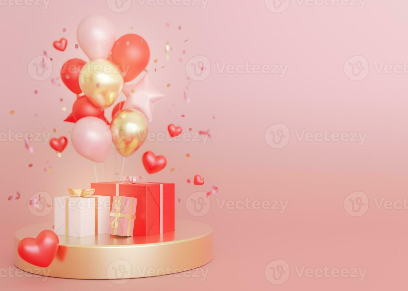 Red, pink and gold balloons, hearts, confetti and gift boxes on round pedestal against pink background. Copy space for text. Valentine's Day, Woman's, Mother's Day backdrop. Greeting card design. 3D. photo