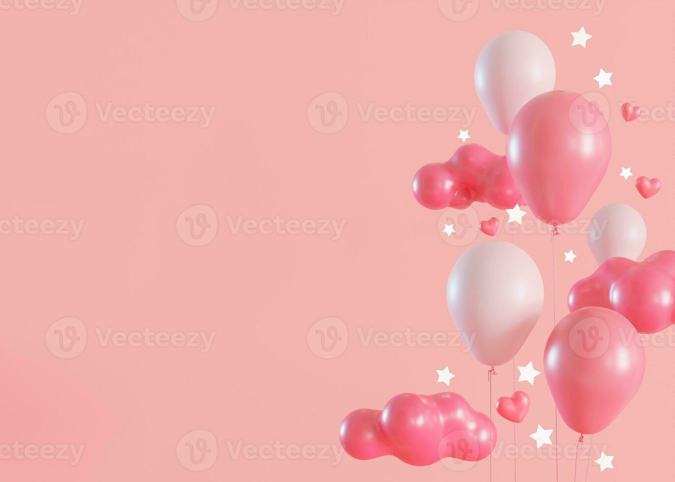 Pink background with helium balloons, clouds, glowing stars and copy space. Valentine's Day, Woman's, Mother's Day backdrop. Empty space for text. Postcard, greeting card design. Love. 3D. photo