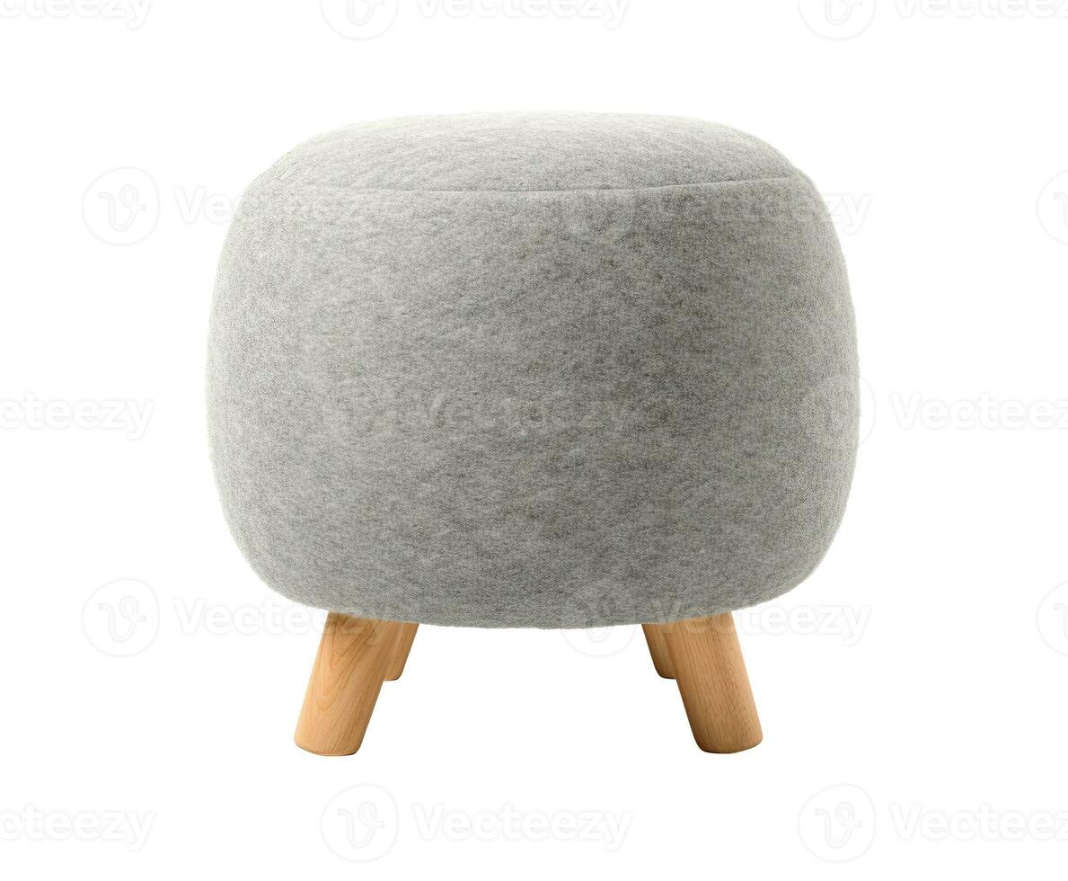 AI generated Cozy, gray pouf with natural wooden legs, isolated on a white background, perfect for modern and Scandinavian interior designs. Cut out furniture. Front view. Generative AI. photo