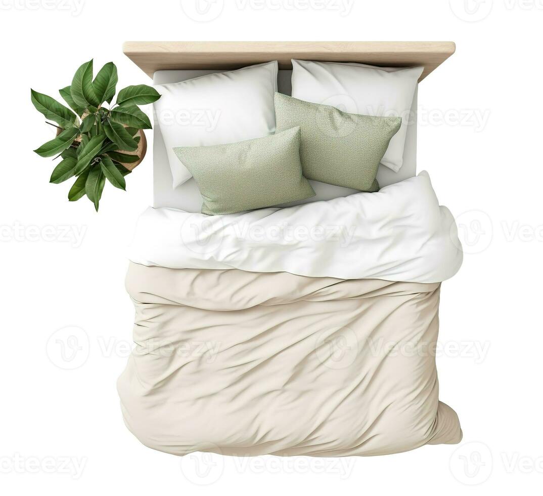 AI generated Bed with a wooden headboard, white bedding, beige duvet, and green accent pillows, complemented by a potted plant. Double bed isolated on white background. Cut out furniture. Top view. photo
