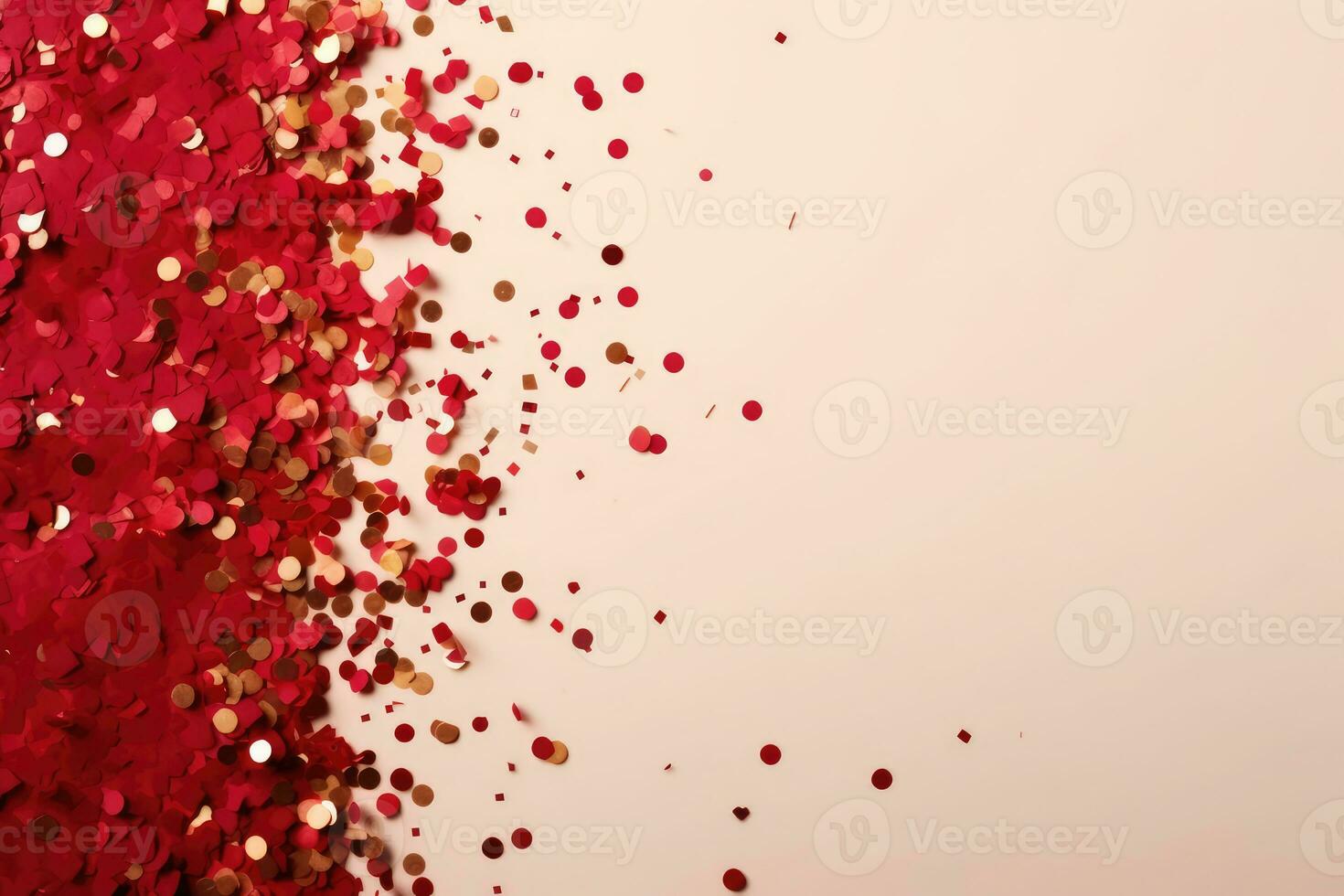 AI generated Abstract festive white background with golden and red sparkle confetti circles. photo