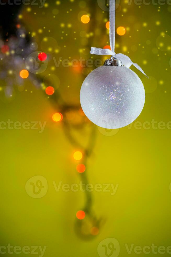 New Year's toys, decorations and other items on a green abstract background. photo