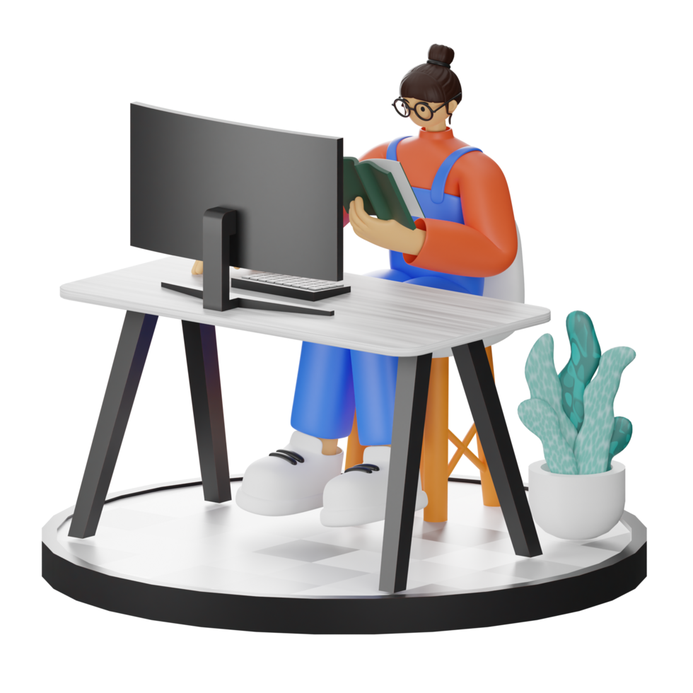 A Teenage Girl immersed in 3D Illustration while Reading a Book at the Computer Desk png