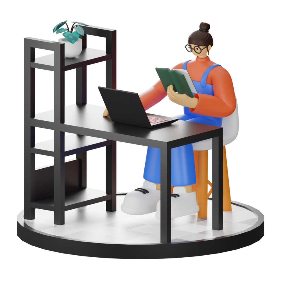 A Teenage Girl immersed in 3D Illustration while Reading a Book at the Computer Desk png