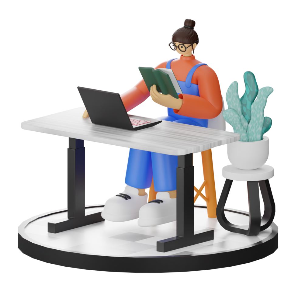 A Teenage Girl immersed in 3D Illustration while Reading a Book at the Computer Desk png