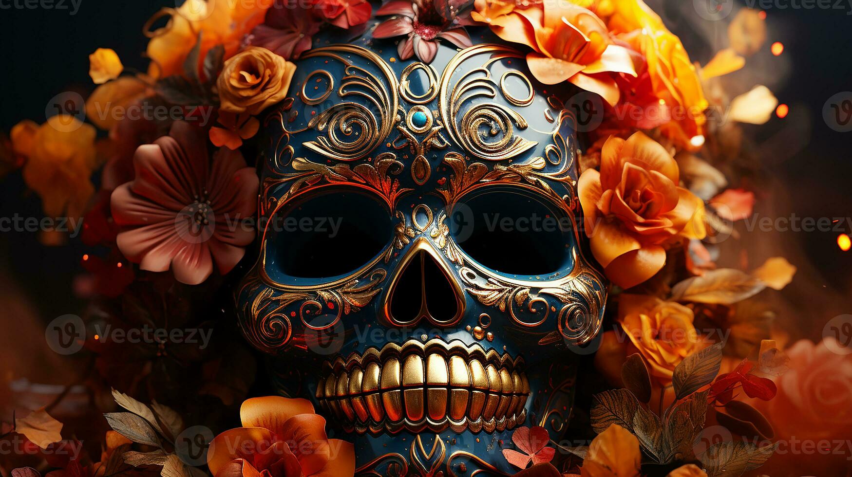 AI generated Day of the dead, Dia de los muertos background,banner and greeting card concept with sugar skull.AI photo