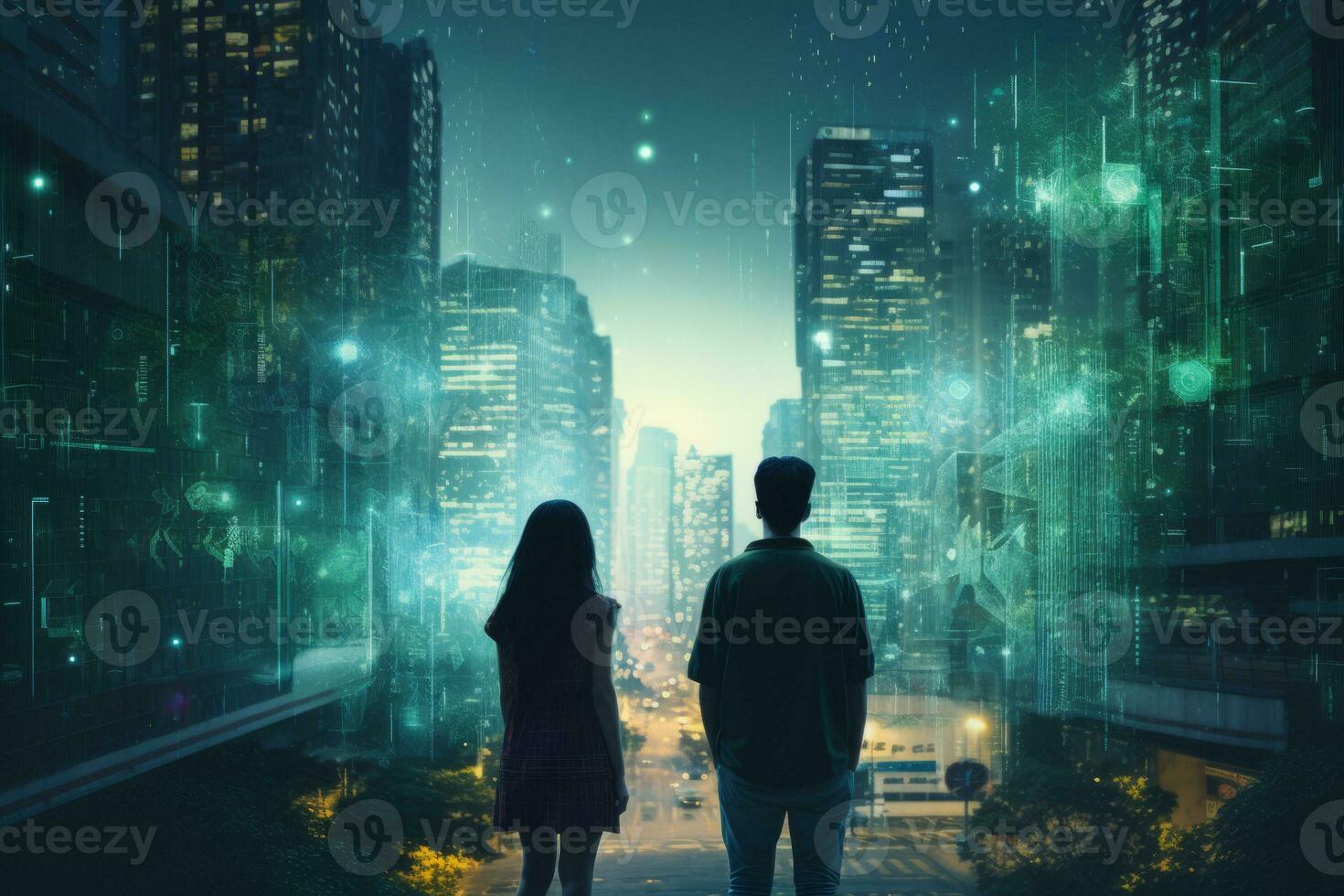 AI generated Man and woman silhouettes standing near digital city photo