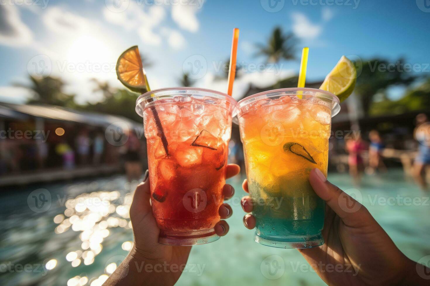 AI generated Two hands hold refreshment tropical cocktails against sea beach. photo