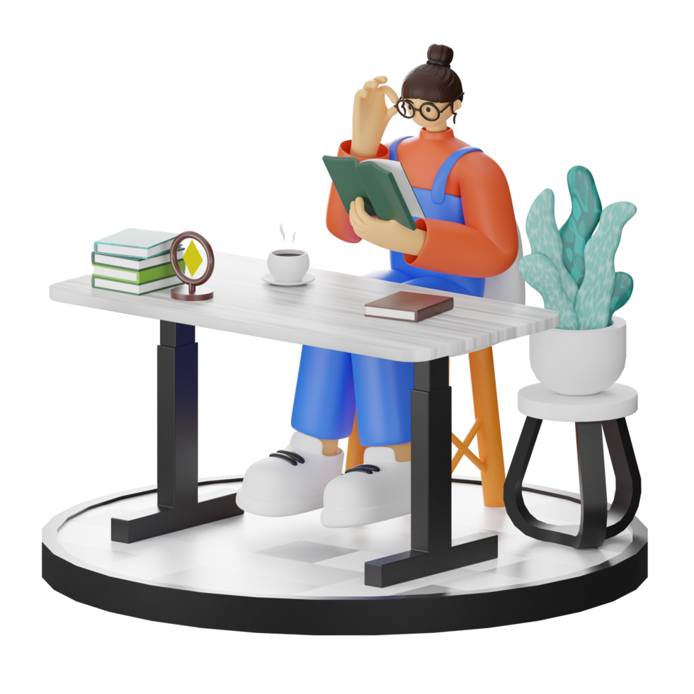 A Teenage Girl immersed in 3D Illustration while Reading a Book at the Computer Desk png