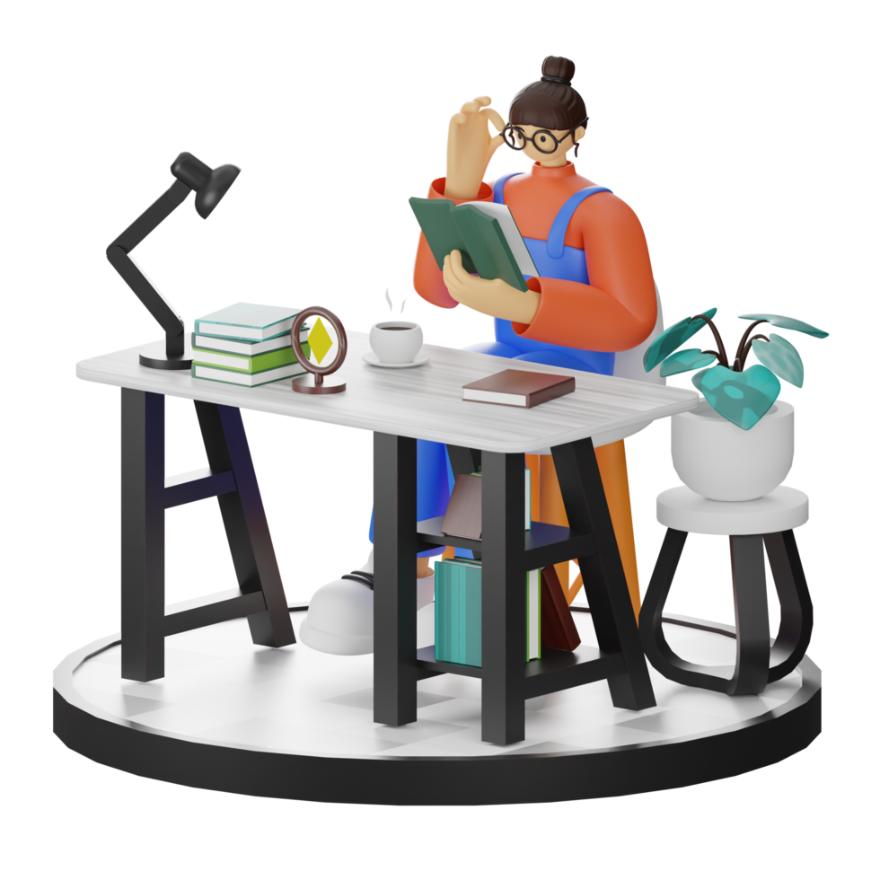 A Teenage Girl immersed in 3D Illustration while Reading a Book at the Computer Desk png