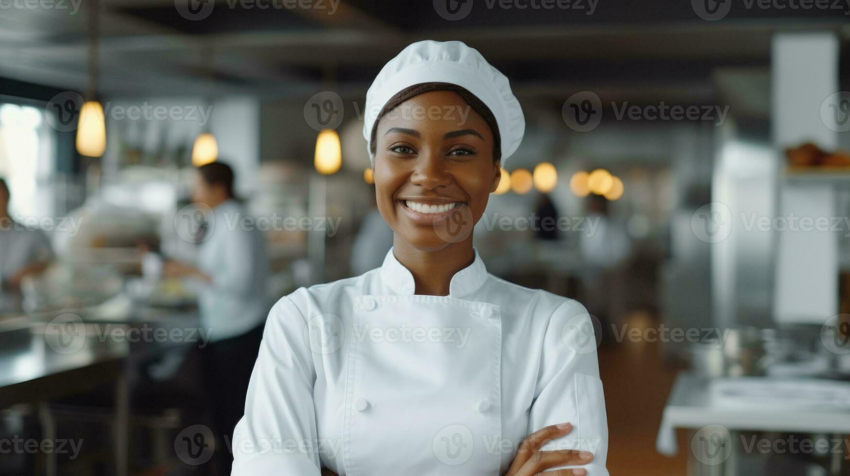 AI generated african american black woman as chef standing in kitchen with smile, ai photo