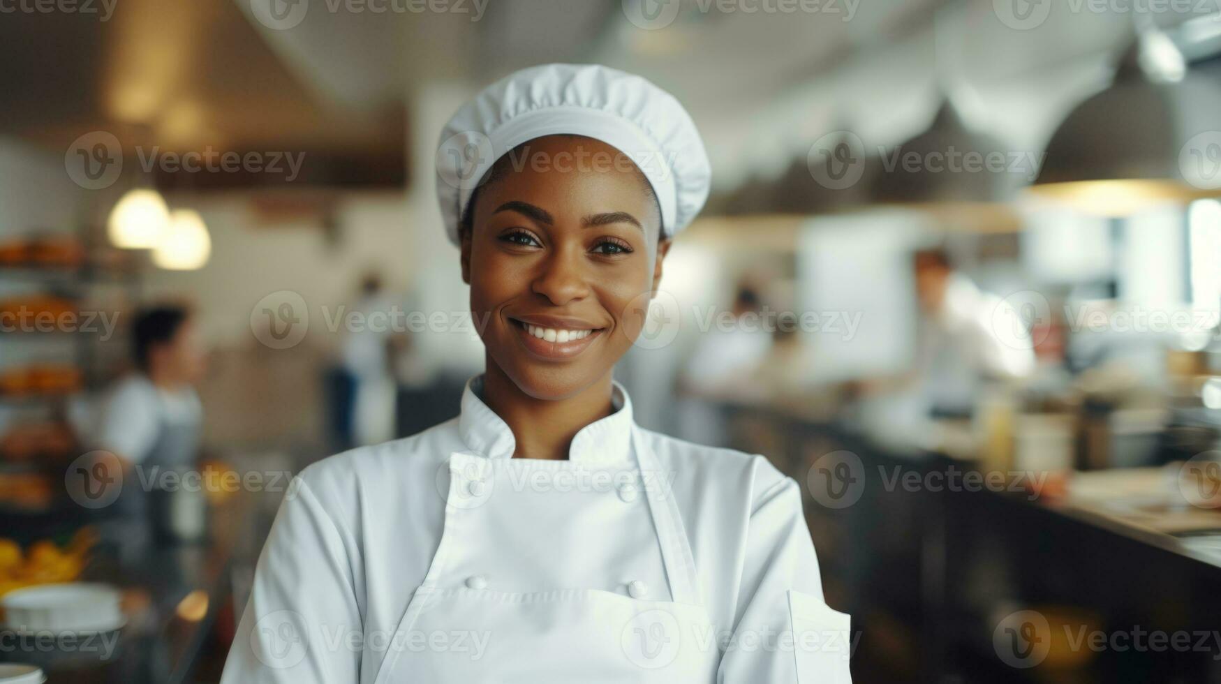 AI generated african american black woman as chef standing in kitchen with smile, ai photo