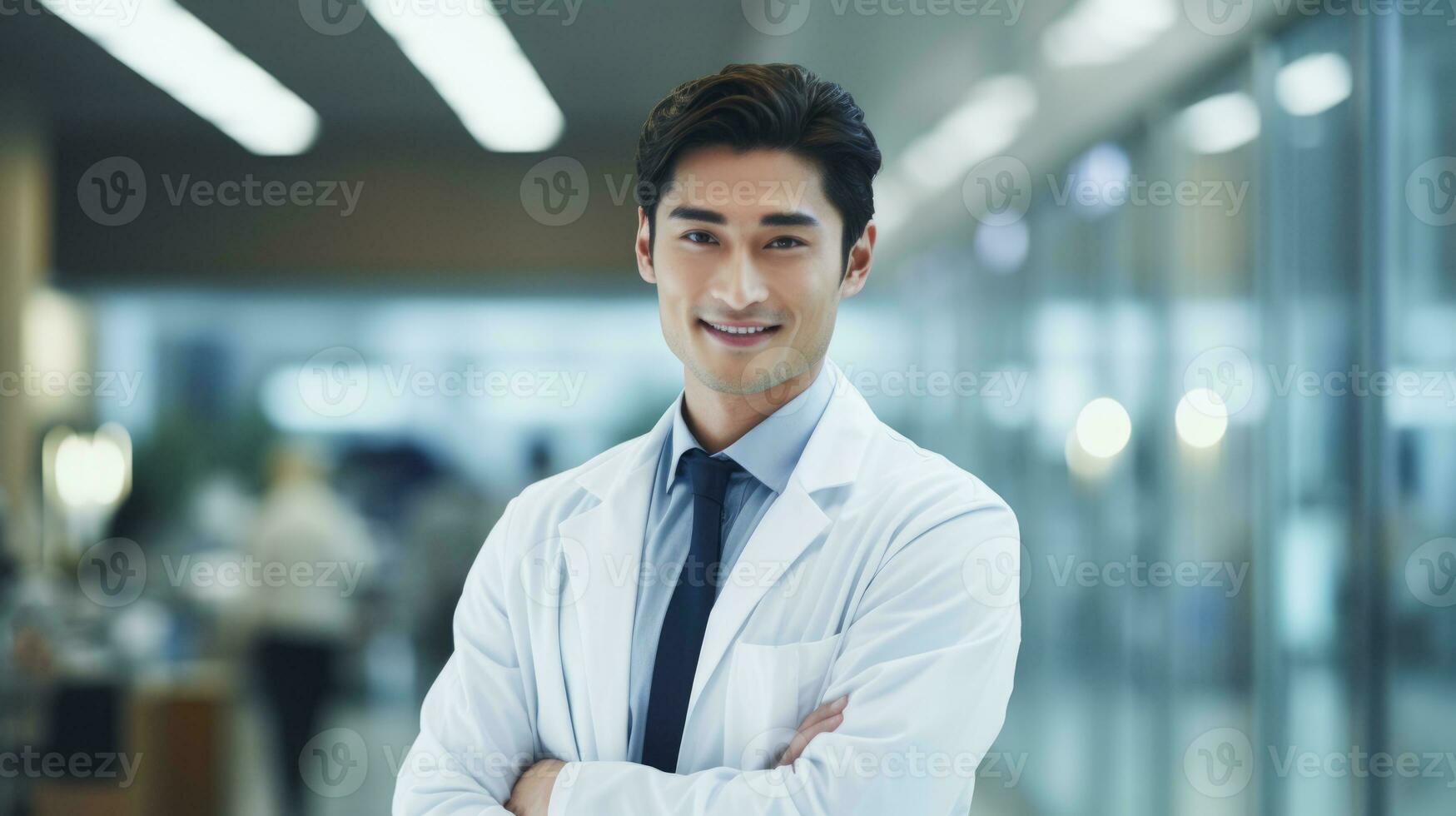 ai generado masculino médico vistiendo bata de laboratorio en pie y sonriente foto