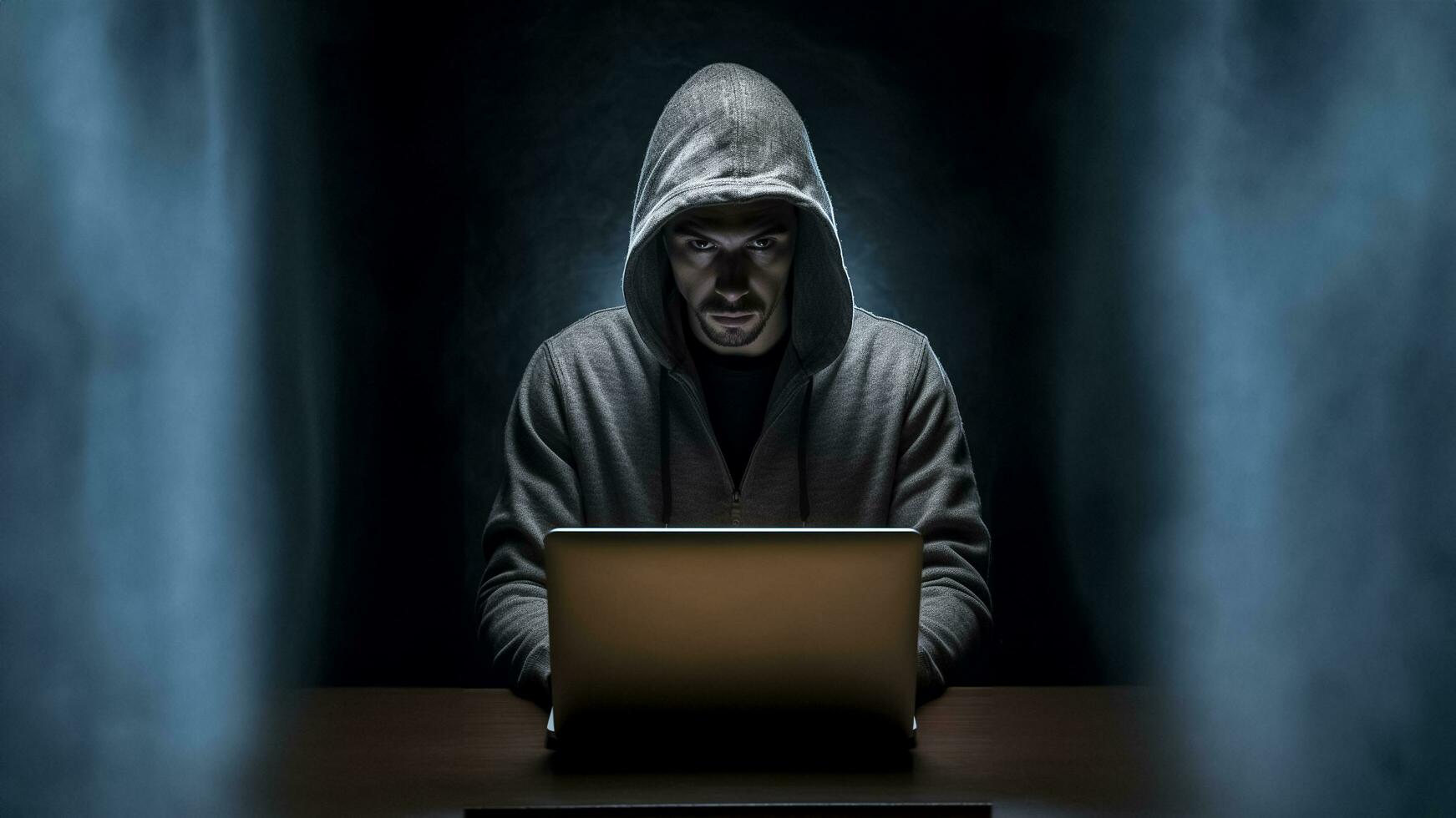 AI generated Hacker man typing on laptop, hacking computer system. male in mask and hoodie .AI Generated photo