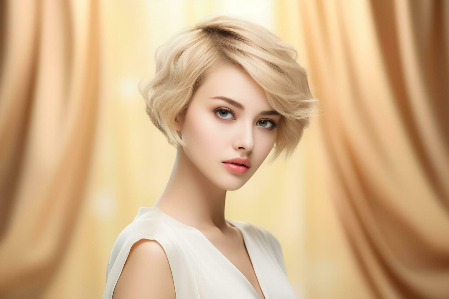 AI generated Woman with a Trendy Hairstyle in a White Dress. AI Generated photo
